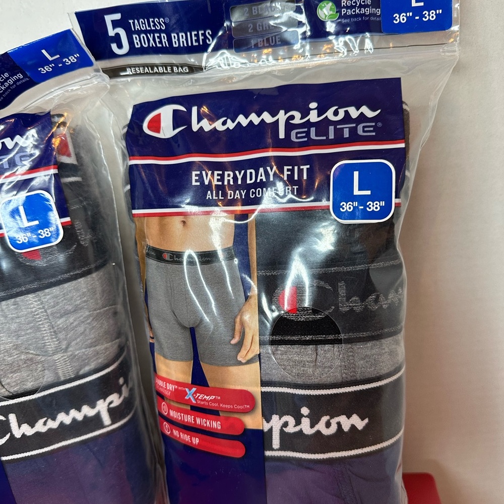 (2) Champion Elite Men's Boxer Briefs - Black, Gray, Blue size Large New in Bag - Picture 2 of 9